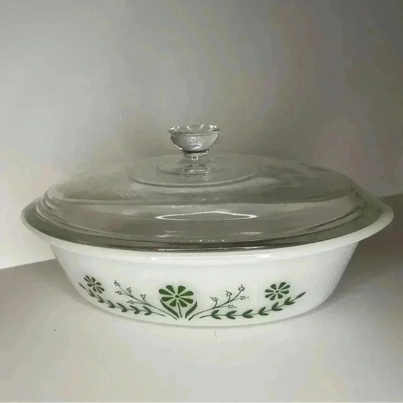 Vintage Glasbake J-235 Milk Glass 1 Qt Oval Casserole Dish w/Lid Green Flowers - Picture 1 of 6